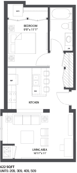 Floor plan for 1 bed, 1 bath, 622 sqft